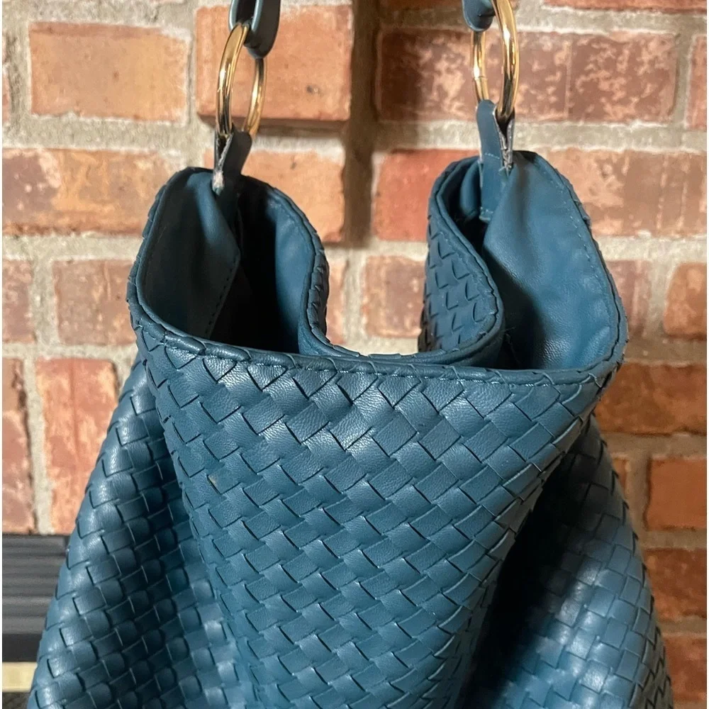 Lulu Dharma Sapphire Teal Blue Woven Hobo Baby Bucket Bag